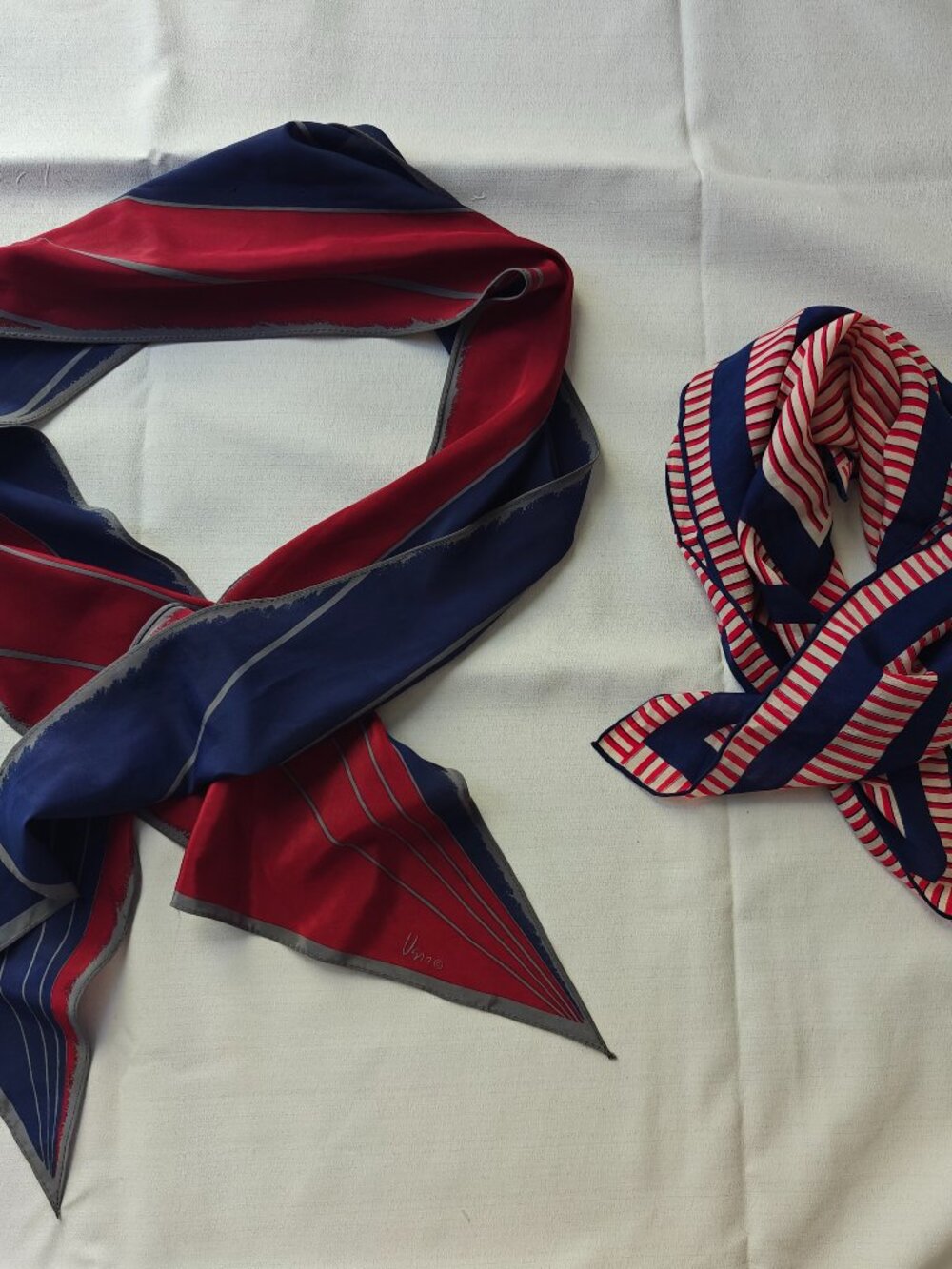 Set of 2 Vintage Silk Scarves Red Blue Striped Vera + Unbranded
